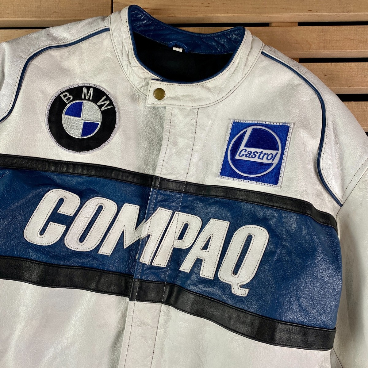 Men's Leather Full Zip Racing Jacket BMW Compaq Size 4XL | eBay