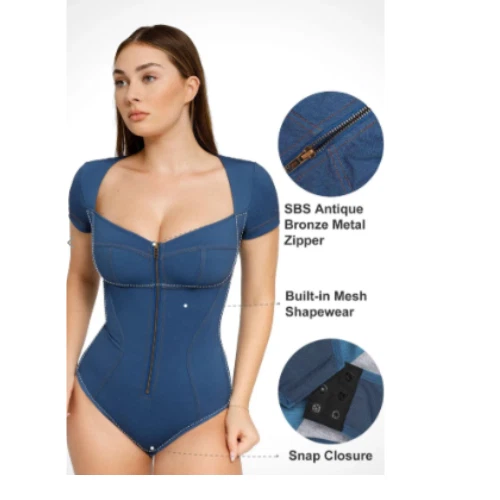 Popilush Negro Denim Prendas moldeadoras Cuello Bodycon Tanga Body Manga Corta Azul XL Foto 4 de 4