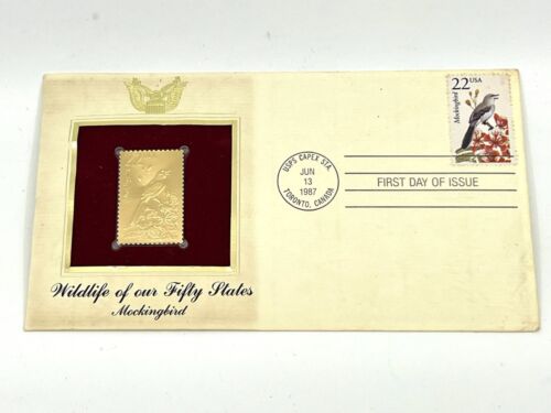 Wildlife of our 50th State Mockingbird  1st day issue Gold Replica Stamp 6/13/87 - Afbeelding 1 van 4