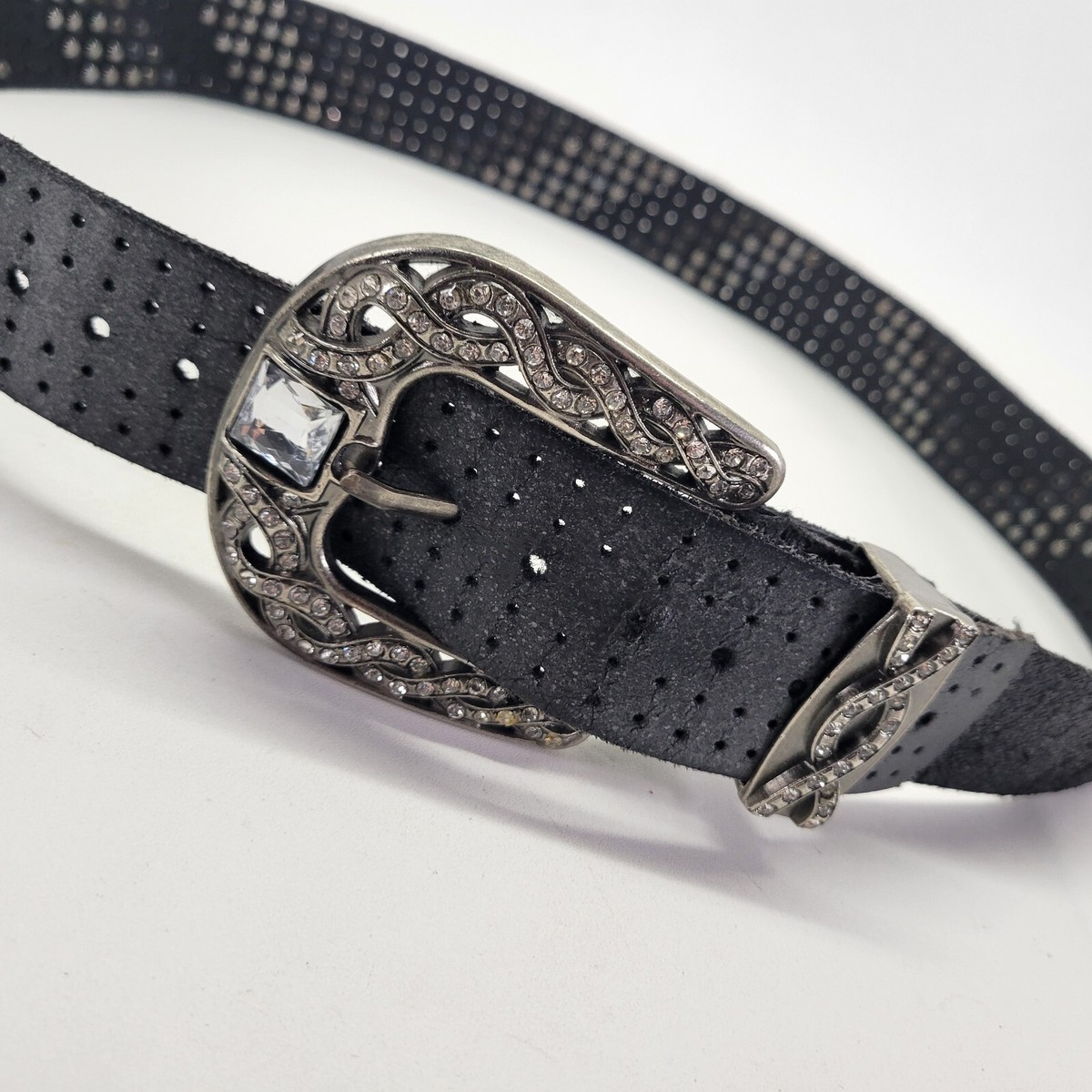 Genuine Black Leather Rhinestone Studded Bling Western Belt Buckle 36\