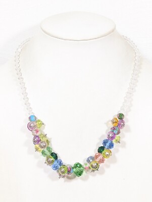 Boho Coastal Multi Color Glass Cluster Statement Necklace 22 in