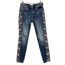 Driftwood Jackie Skinny Jeans Womens 25 Blue Embroidered Side Stripe Boho Tribal