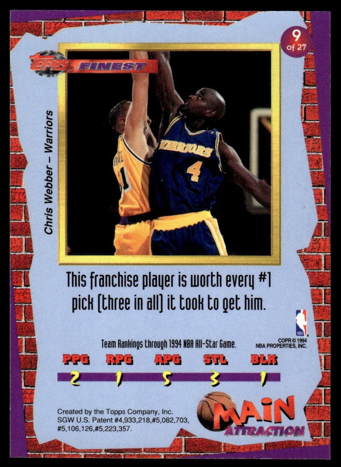 Topps Finest #9 Chris Webber Basketball Warriors - Image 2 of 2