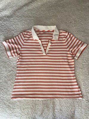 Lands End Ribbed Polo Shirt Women's Large Orange & Ivory Stripe Short Sleeve Top