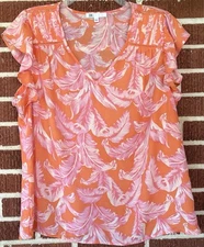 DR2 Orange and Pink Floral Print Blouse with Flutter Sleeves Size Large