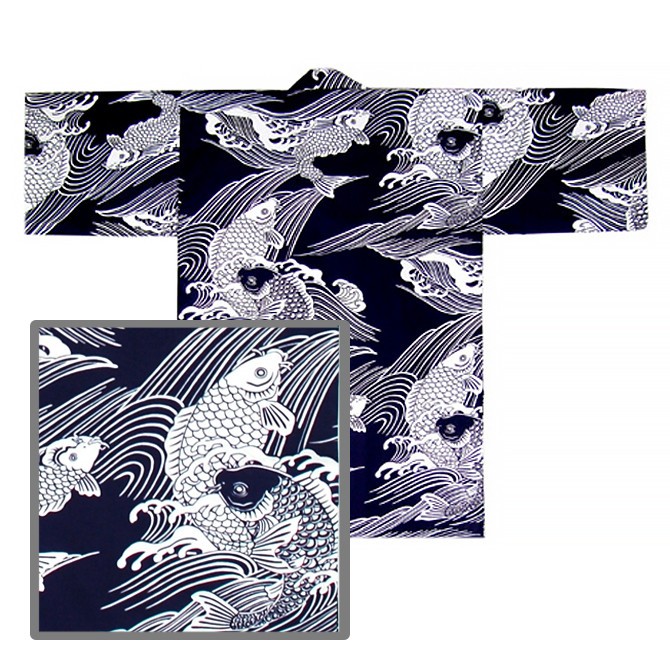 Japanse Happi Coat Yukata Kimono Robe Unisex 36" Cotton Navy CARP Koi JAPAN MADE