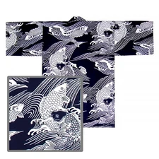 Japanse Happi Coat Yukata Kimono Robe Unisex 36" Cotton Navy CARP Koi JAPAN MADE