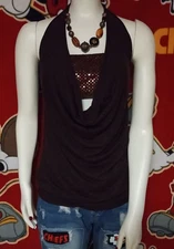 Women's Charlotte Russe Brown Sequin Halter Top Blouse Tie Neck Built-in Bra Fla