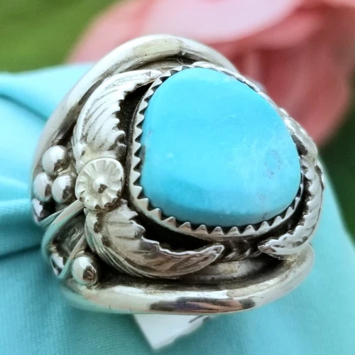Silver Native American Inspired Turquoise Ring-Sterling-Natural-7/8'' W-Vintage