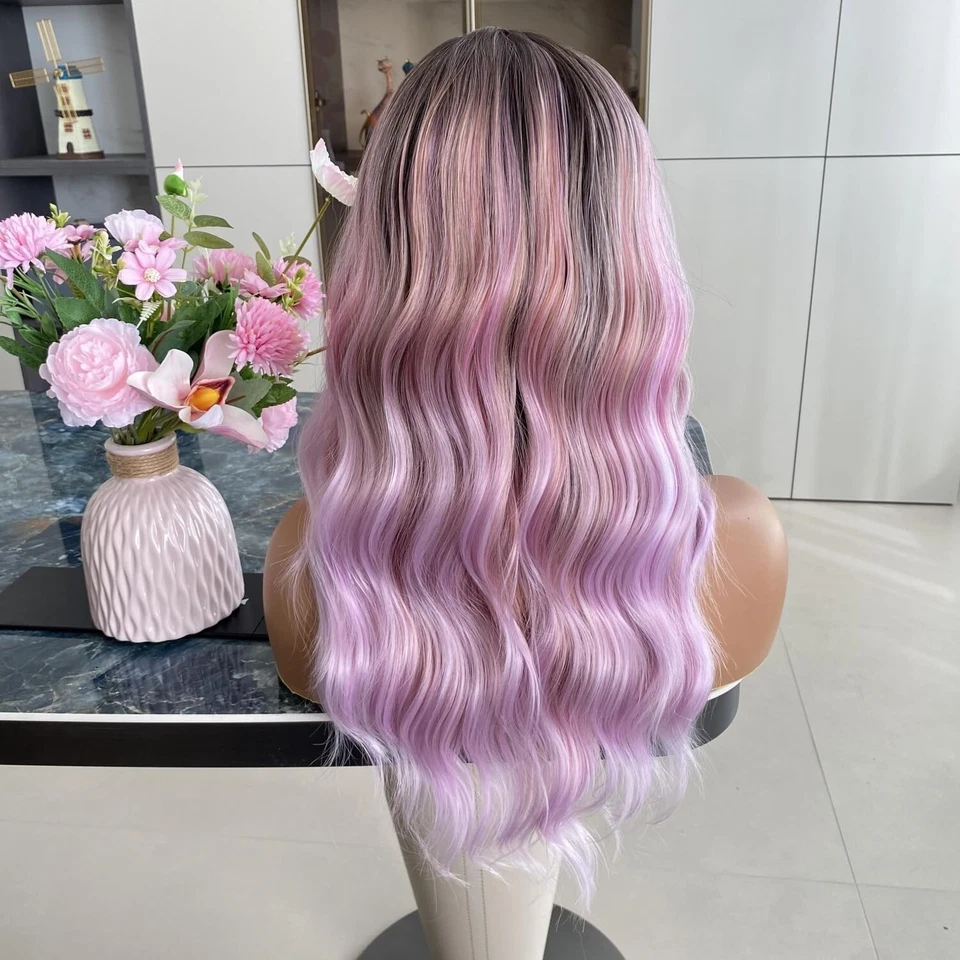 Peluca rosa y lavanda arco iris destacados ondulada 13x4 encaje frontal peluca resistente al calor 18" Foto 3 de 4