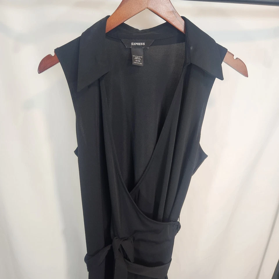 EXPRESS Stretch Wrap Black Dress LBD Short Cap Sleeves 11/12 - Image 2 of 4