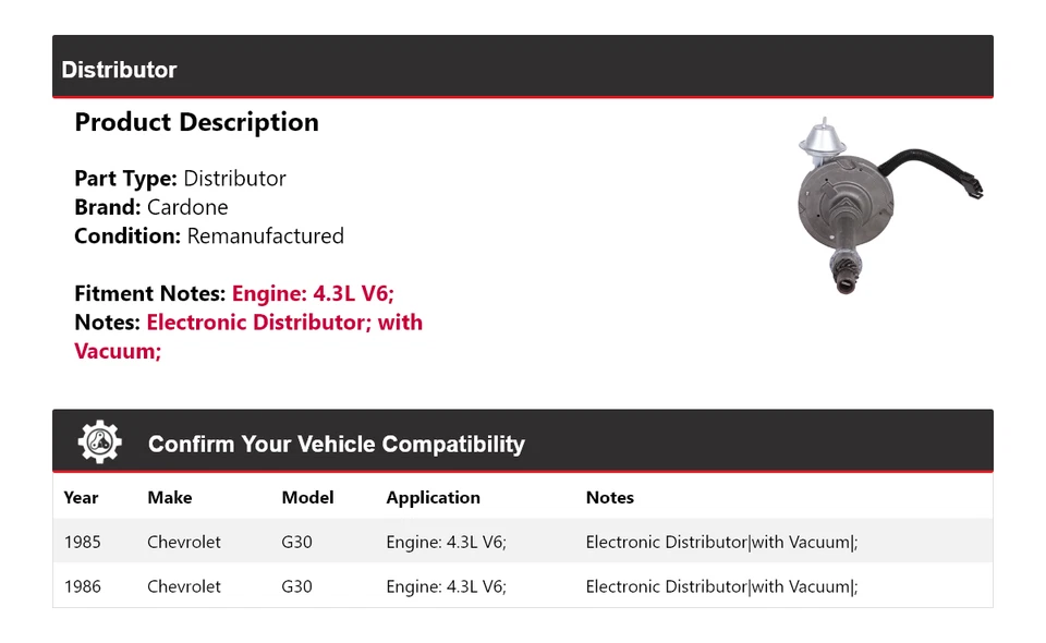 Para Chevrolet G30 1985-1986 4,3 L V6 distribuidor Cardone Foto 2 de 3