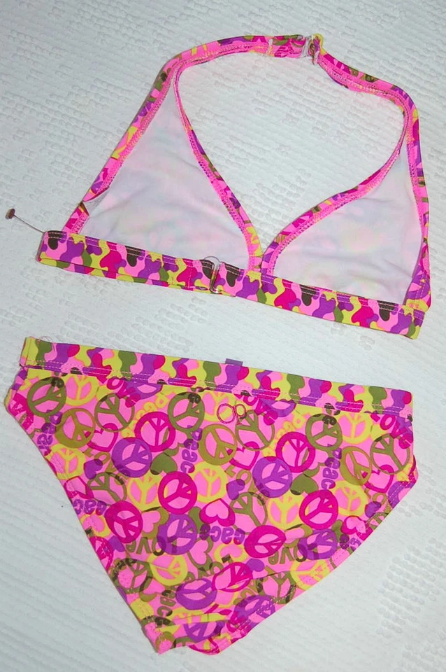 GIRLS 2 Pc Bikini Swimsuit PINK Camo Love Peace Sign Medium 7-8 - Image 2 of 2