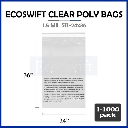 1-1000 24X36 EcoSwift LARGE JUMBO Self Seal Suffocation Warning Clear Poly Bags