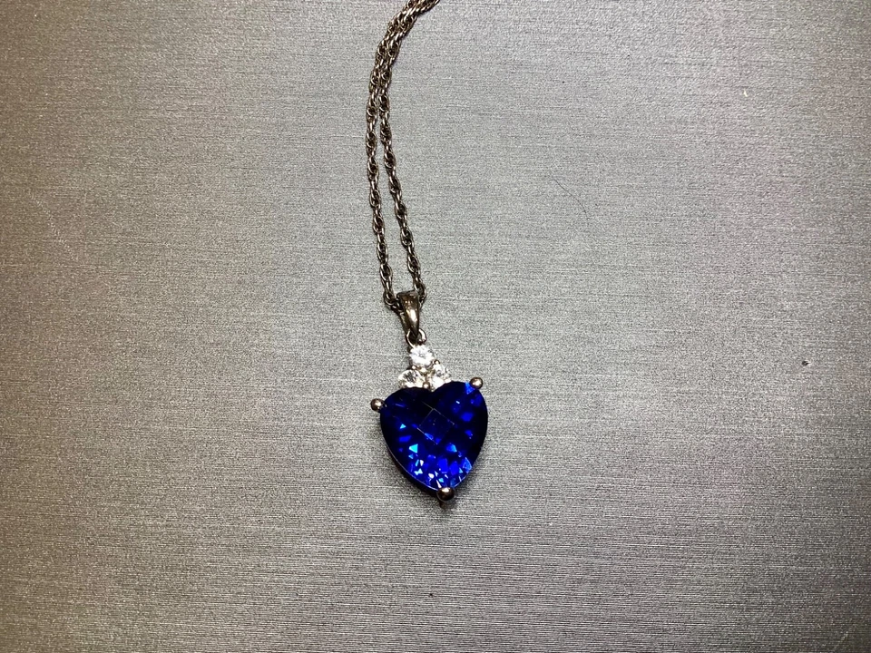 "Collar colgante corazón circonita cúbica zafiro simulado plata de ley 925 17,5"" joyería" Foto 2 de 4