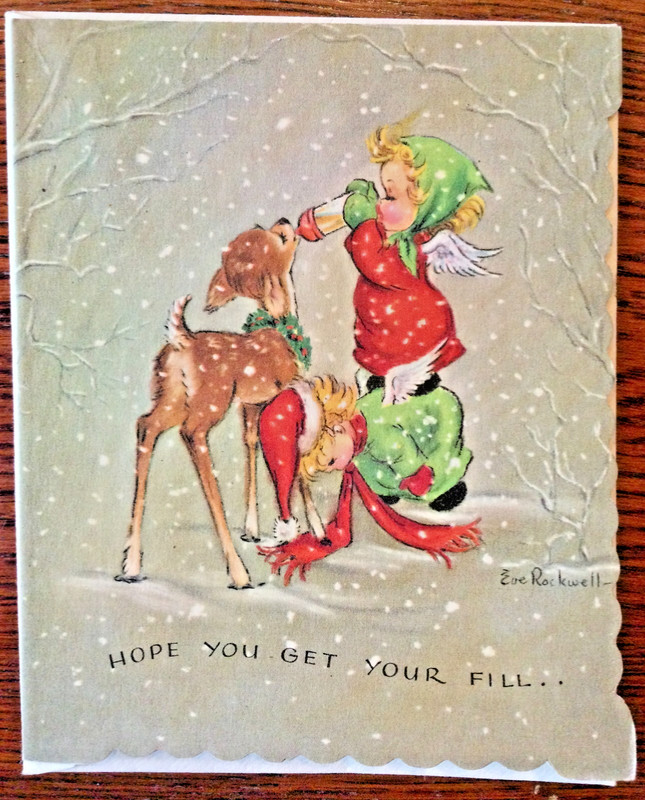 Vintage Unused MCM Eve Rockwell Angels Feeding Deer Christmas Card w Envelope