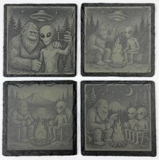 Bigfoot & Alien Slate Coasters: Laser Engraved Cryptid Drink Coasters (Set of 4)
