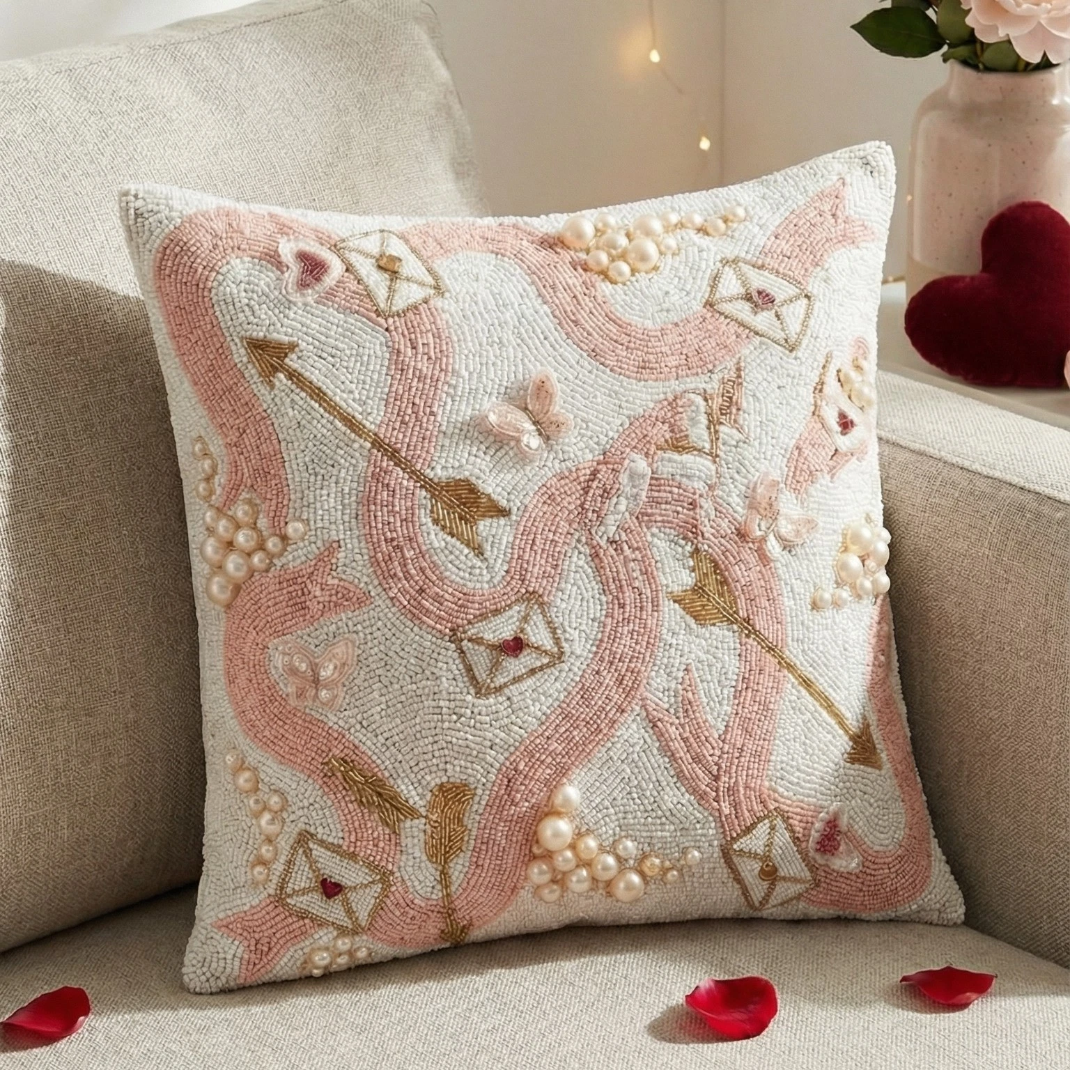 Beaded Valentine Love Letter Throw Pillow Cover – Romantic Blush Pink & Gold
Opens in a new window o