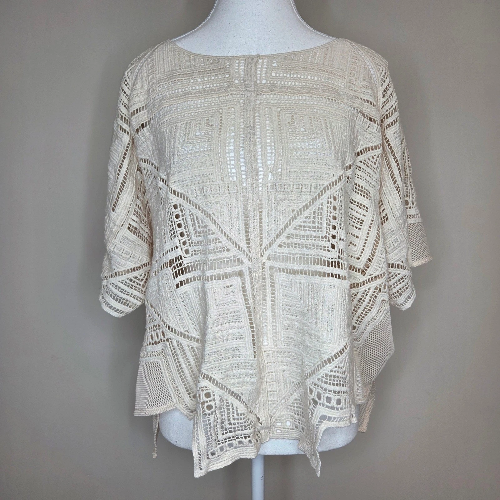 Chicos Cream Crochet Mesh Poncho Top Geometric Boho Kimono Ivory Womens S/M
