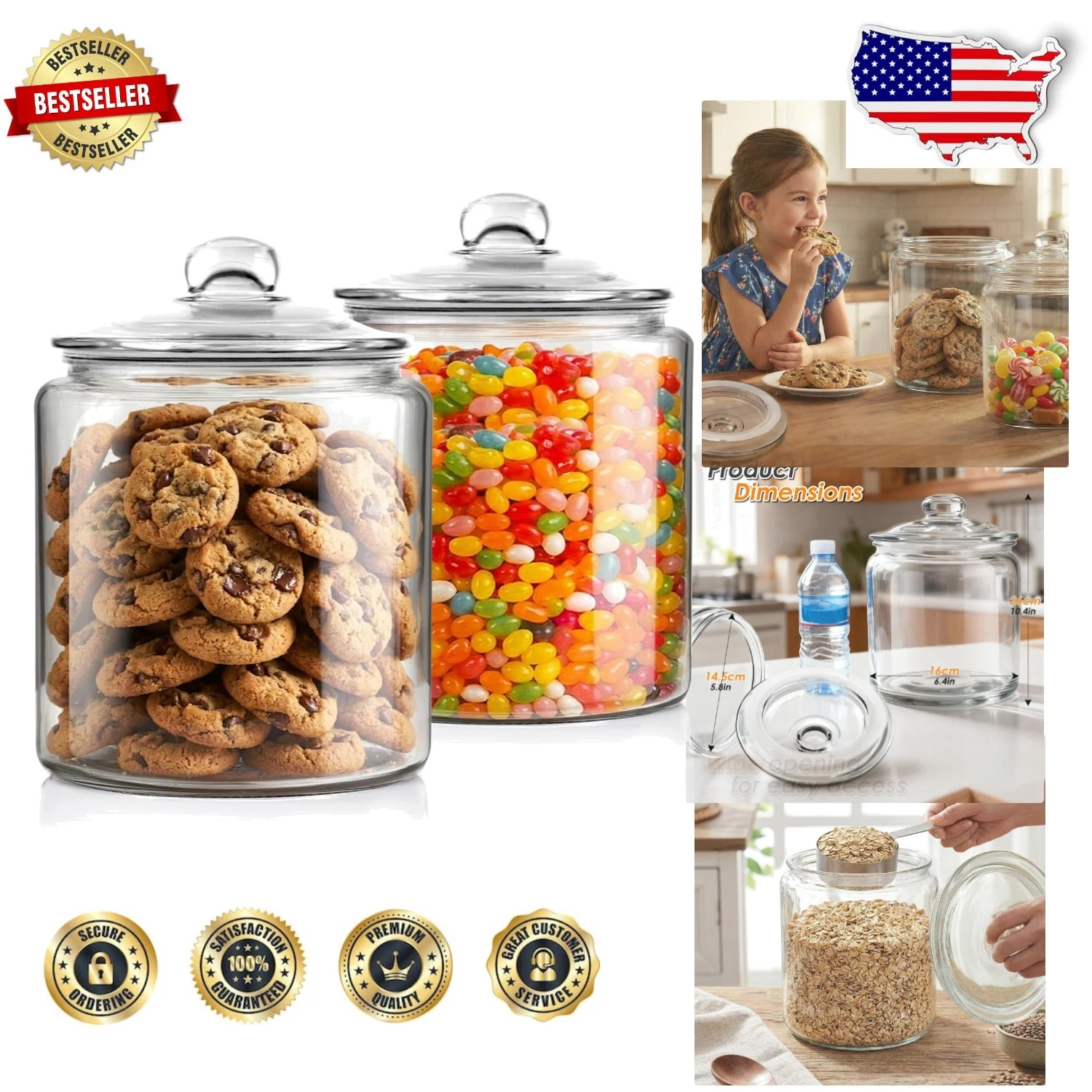 Large 1 Gallon Glass Jars Set, Airtight Non-Toxic Food Containers for Kitchen