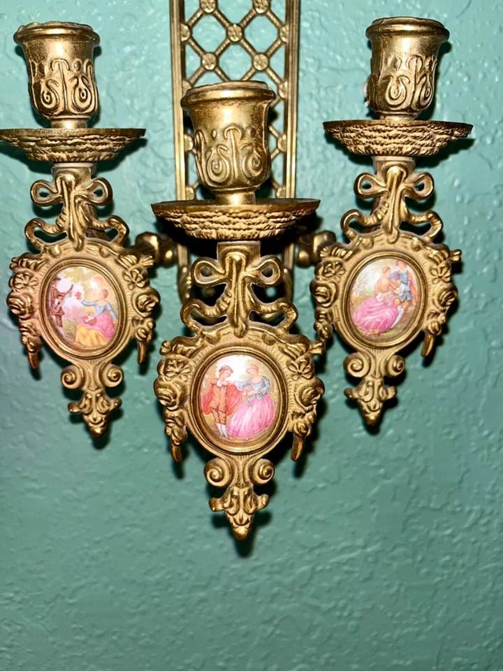 vintage Italian brass wall sconces- painted ceramic motif RARE beautiful patina - Image 3 of 4