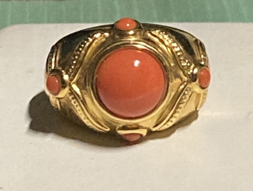 14K Hollow Yellow Gold Coral Cabochon Ring And Pendant Set. Made In China (HK) - Picture 7 of 17