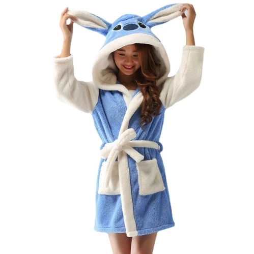 Lilo & Stitch Kapuzen Bademantel Damen Fleece Nachtwäsche DE - Bild 3 von 20