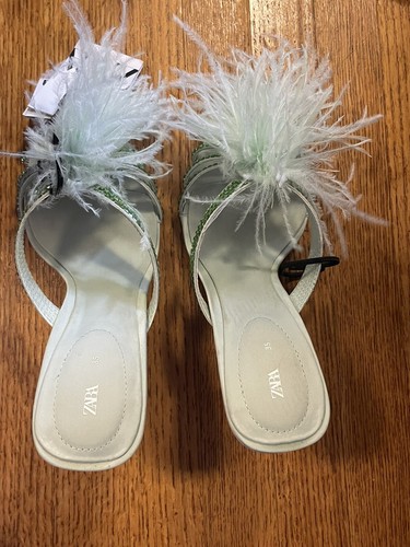 Neu mit Etikett Zara gefiederte High-Heel Party Sandalen meergrün 1313/210 Größe USA 5 EUR 35 - Bild 11 von 24