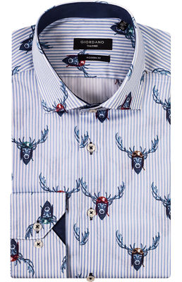 Langarmhemd Giordano ModernFit weiss blau Streifen Print Hirschgeweih Gr. XL-XXL