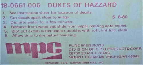 Original DECAL SHEET for 1980 MPC Dukes of Hazzard "GENERAL LEE" Model Kit 1/25 - Picture 3 of 3