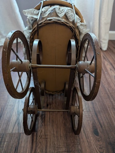 Vintage Wood and Metal Dolls Pram with Porcelain Doll - Picture 10 of 18