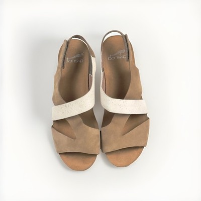 Women s DANSKO Sandal Vicky 2 Tone Taupe & Cream Nubuck Leather Cork Footbed