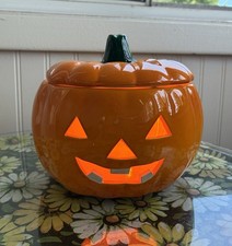 Vintage 70s Ceramic Light Up Orange Halloween Pumpkin Jack-o'-lantern With Lid