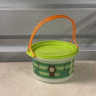 Vintage Tupperware Toys Bucket with Lid & Handle   Green/Orange Animal Design