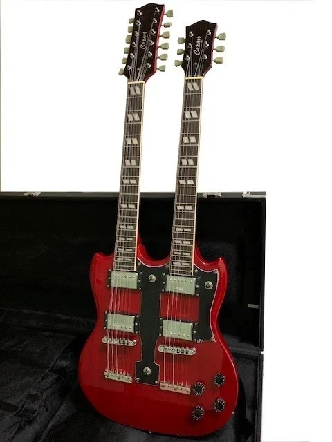 NEW VINTAGE STYLE TRANS RED DOUBLE NECK 12 & 6 STRING ELECTRIC GUITAR AND CASE - Image 2 of 4