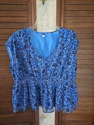 Old Navy Blouse Top Womens 2X Blue V-Neck Boho Peasant Cottagecore Babydoll