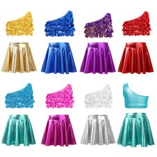 Kids Girls Shirt And Skirts Competition Crop Top With Skirt Sparkle Outfit Gym