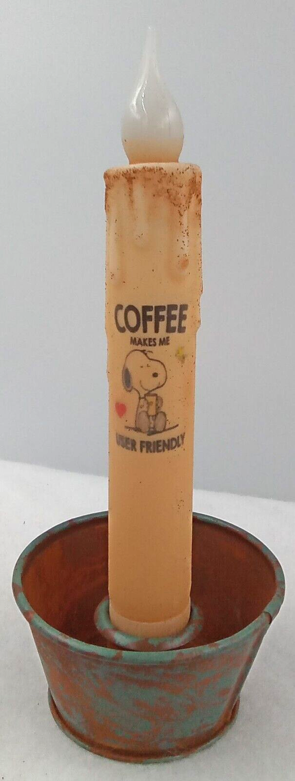 Snoopy Coffee Rustic Green Metal Tub LED Battery Taper Candle 7 Inch