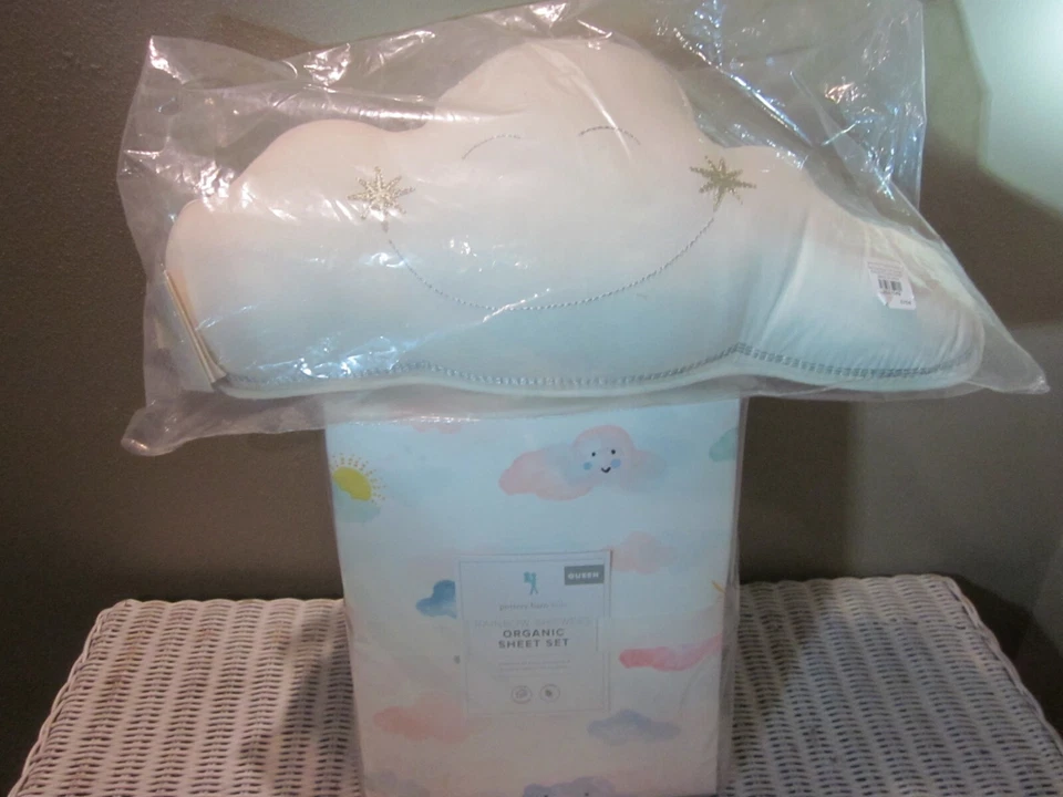 Pottery Barn Kid Rainbow Shower Cloud &Qn Sheet Embroidered Smiling Cloud Pillow - Image 3 of 4