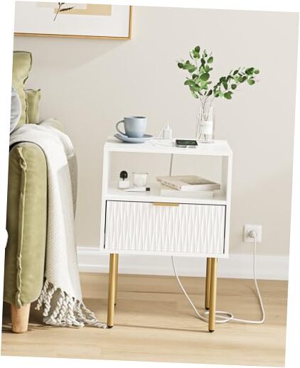Modern Nightstand with Charging Station and Storage Drawer for Small Spaces