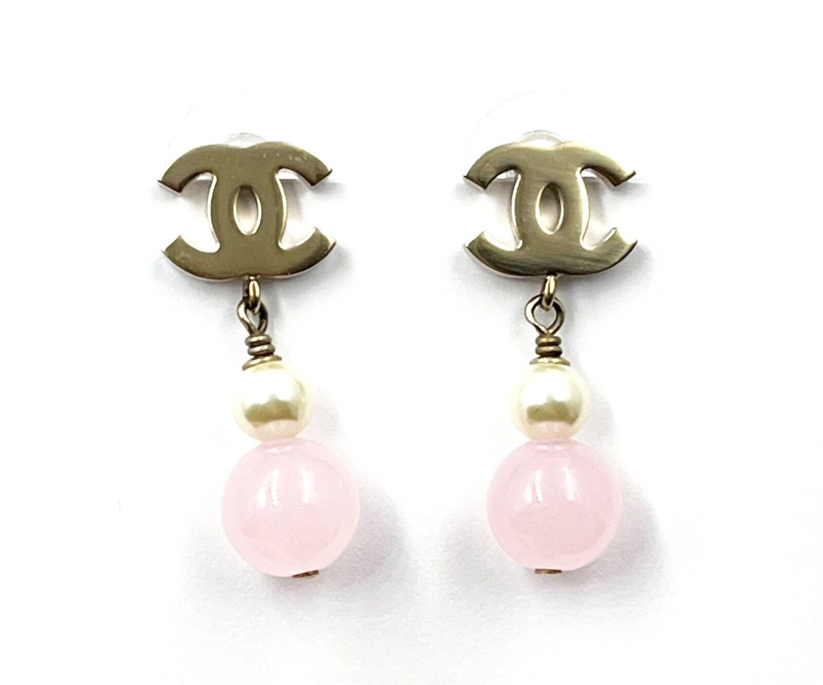 Chanel Gold CC Pearl Pink Bead Dangle Piercing Earrings