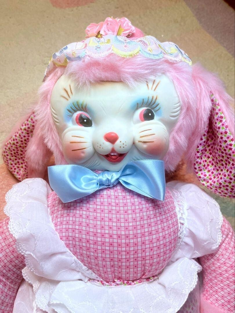 RUSHTON Rubber Face Plush Bunny Pink Doll 60cm Lace flower Vintage
