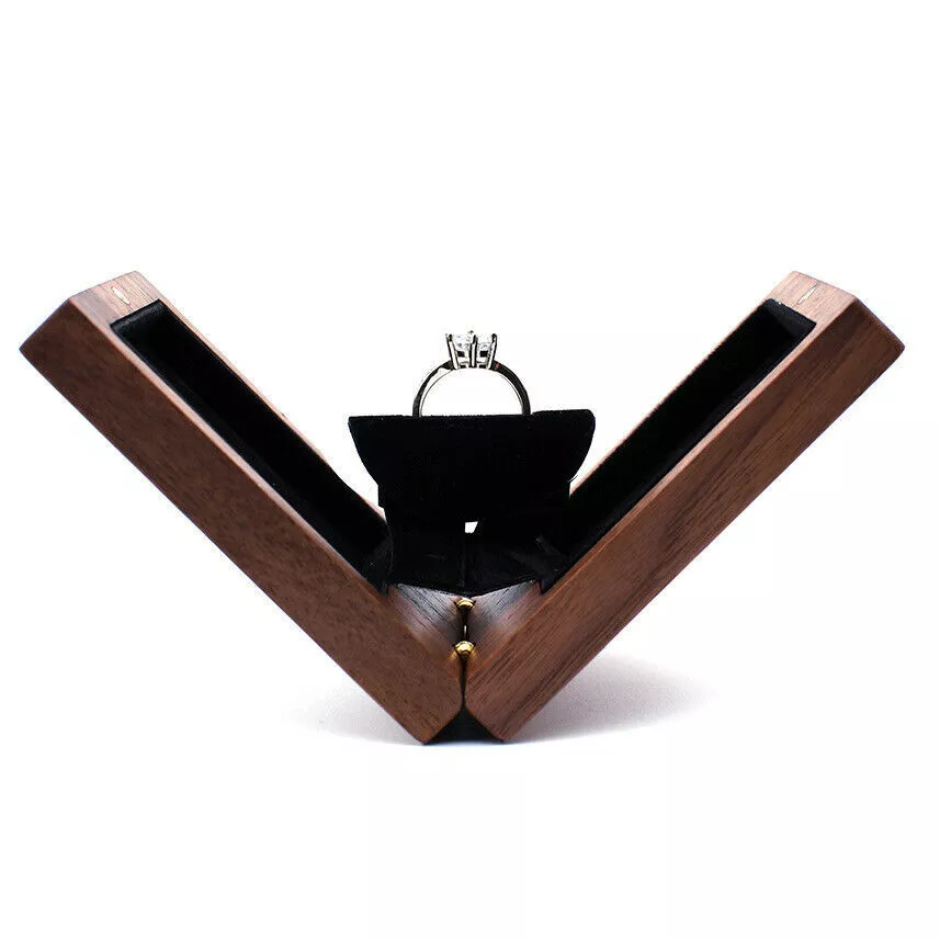 Engagement Ring Box for Proposal Wooden Slim Ring Box with Rotating Display