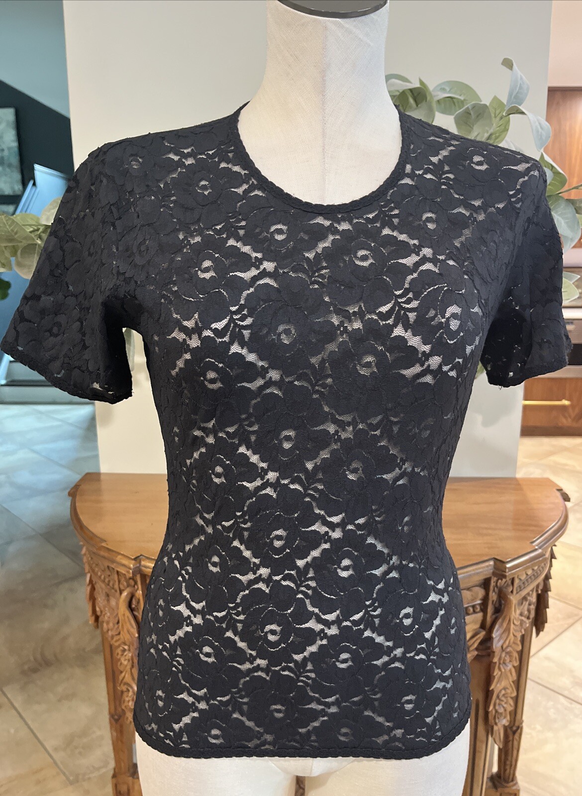 tracy reese magaschoni women’s medium black lace short sleeve Y2K 90s top EE