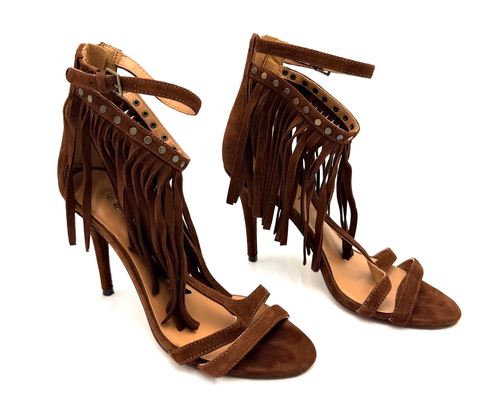 Nine West Brown Suede Fringe Heels Ankle Strap Sandals Size 6 Medium Pre Owned