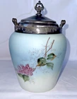 Antique Milk Glass Biscuit Jar Silver Plate Lid Hand Painted