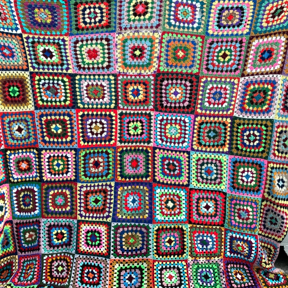 Handmade Granny Square Queen Blanket Multi-Color Crochet Throw 97" X 107" Afghan - Image 3 of 4