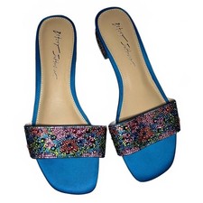 Betsey Johnson Blue Satin Beaded Open Toe Slide Sandals Size 8.5