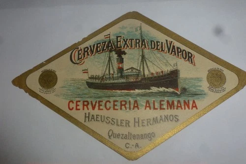 $.  GUATEMALA old vintage beer label  CERVECERIA ALEMANA CERVEZA DEL VAPOR
