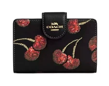 COACH Corner Zip Medium Leather Wallet Cherry Print Black CDF10 NEW🎀NWT